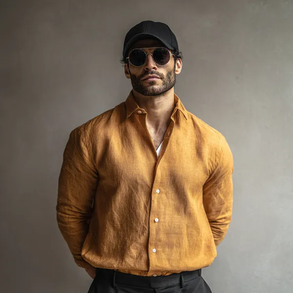 Amber_Yellow_Pure_100%_Linen_Shirt_For_Men'S