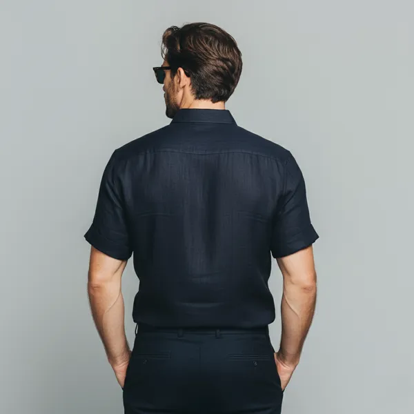 Men'S_Navy_Blue_Half-Sleeve_Linen_Shirt