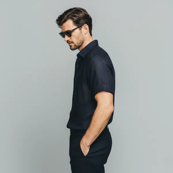 Men'S_Navy_Blue_Half-Sleeve_Linen_Shirt