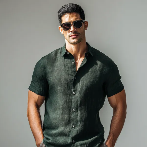 Cool_Comfort_Dark_Green_Half-Sleeve_Linen_Shirt