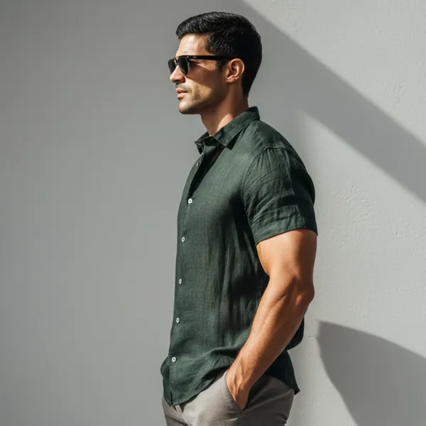 Cool_Comfort_Dark_Green_Half-Sleeve_Linen_Shirt