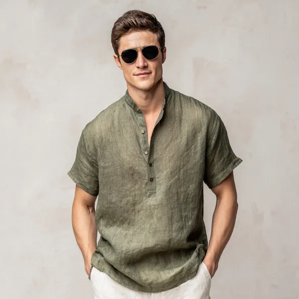 The_Versatile_Olive_Green_Half_Sleeve_Linen_Shirt_For_Men