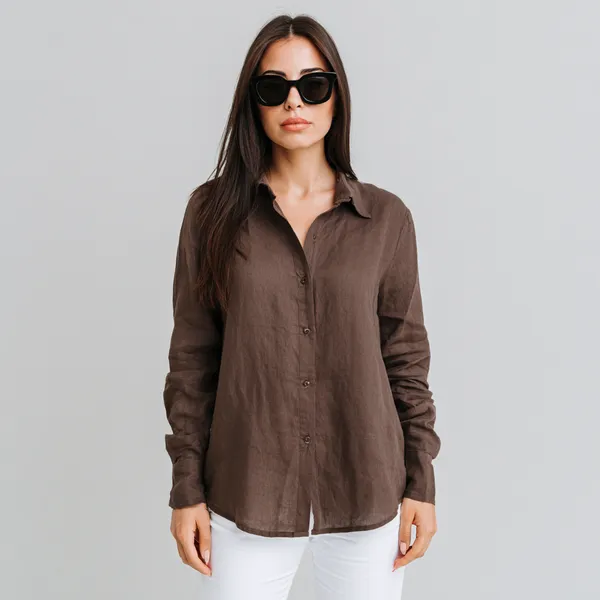 Mocha_Brown_100%_Pure_Linen_Shirt_For_Women'S