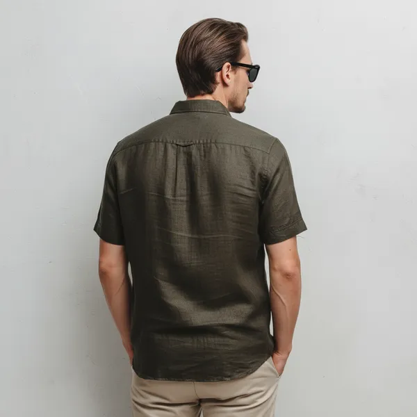 Dark_Khaki_Green_Half_Sleeve_Linen_Shirt_For_Men