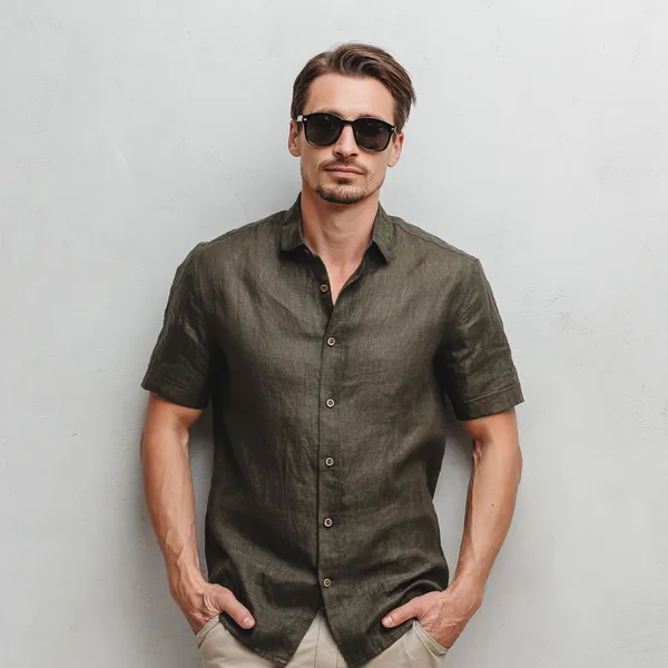 Dark_Khaki_Green_Half_Sleeve_Linen_Shirt_For_Men