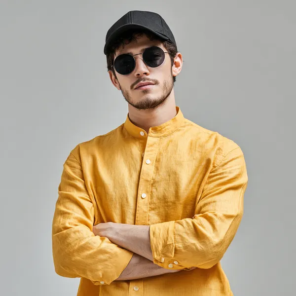 Classic_Mustard_Yellow__Pure_100%_Linen_Mandarin_Collar_Shirt_For_Men'S