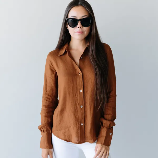 Rust_Brown_100%_Pure_Linen_Shirt_For_Women'S