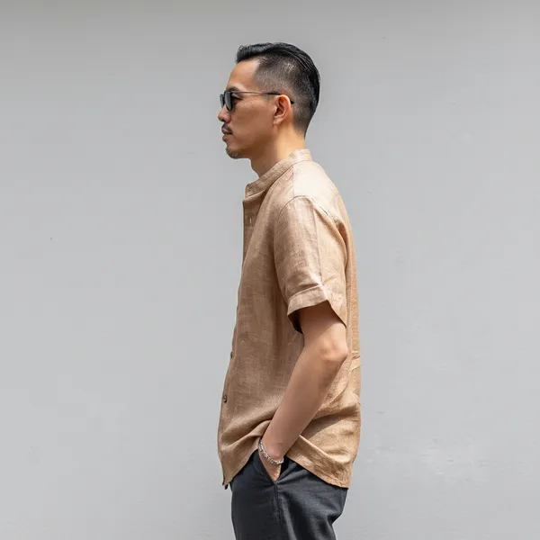 Men'S_Medium_Brown_Half-Sleeve_Linen_Shirt