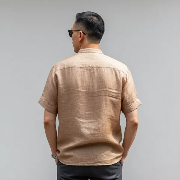 Men'S_Medium_Brown_Half-Sleeve_Linen_Shirt