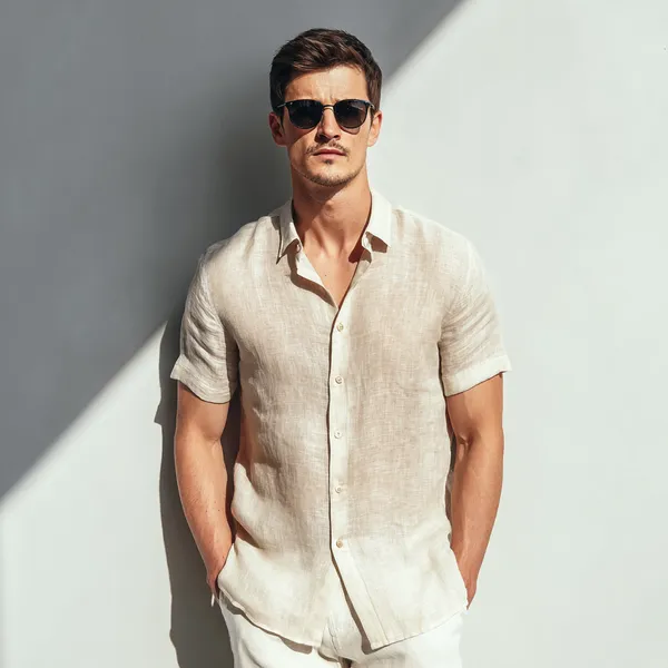 Featherlight_Beige_Half-Sleeve_Linen_Shirt_Men
