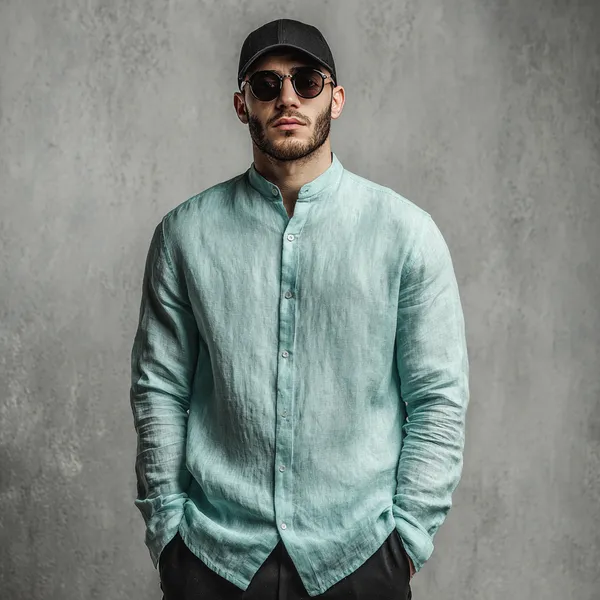 Signature_Aqua_Blue_100%_Pure_Mandarin_Collar_Linen_Shirt