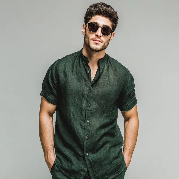 Men'S_Forest_Green_Half-Sleeve_Linen_Shirt