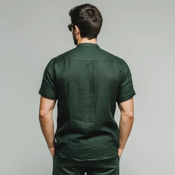 Men'S_Forest_Green_Half-Sleeve_Linen_Shirt