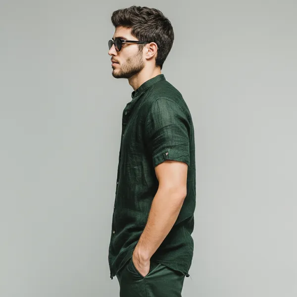 Men'S_Forest_Green_Half-Sleeve_Linen_Shirt
