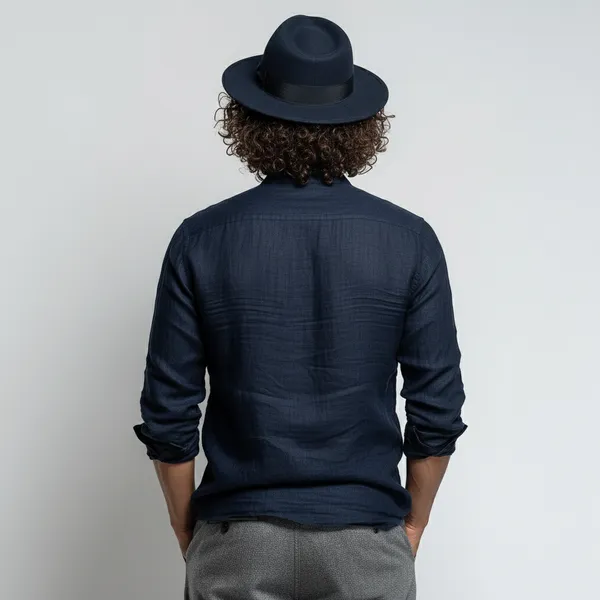 Men'S_Dark_Blue_Pure_Linen_Mandarin_Collar_Shirt
