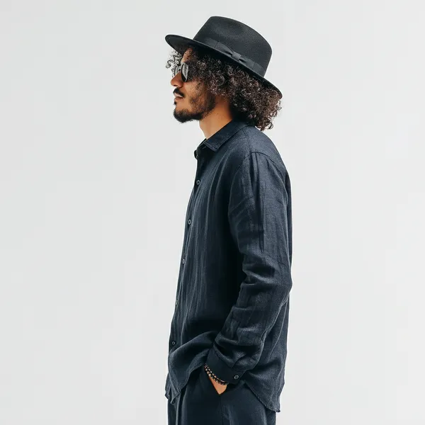 Men'S_Dark_Blue_Pure_Linen_Mandarin_Collar_Shirt