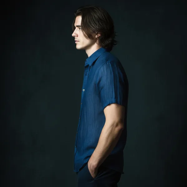Men'S_Denim_Blue_Half-Sleeve_Linen_Shirt