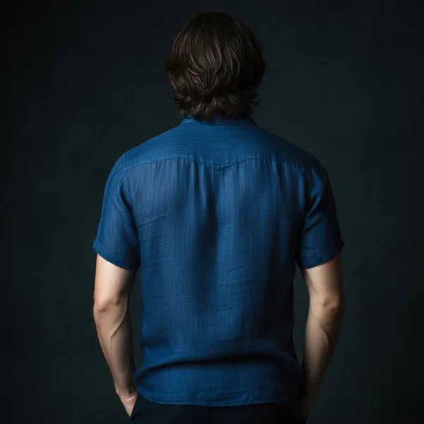 Men'S_Denim_Blue_Half-Sleeve_Linen_Shirt