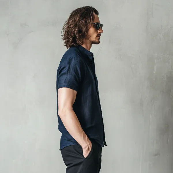The_Versatile_Dark_Navy_Blue_Half_Sleeve_Linen_Shirt_For_Men