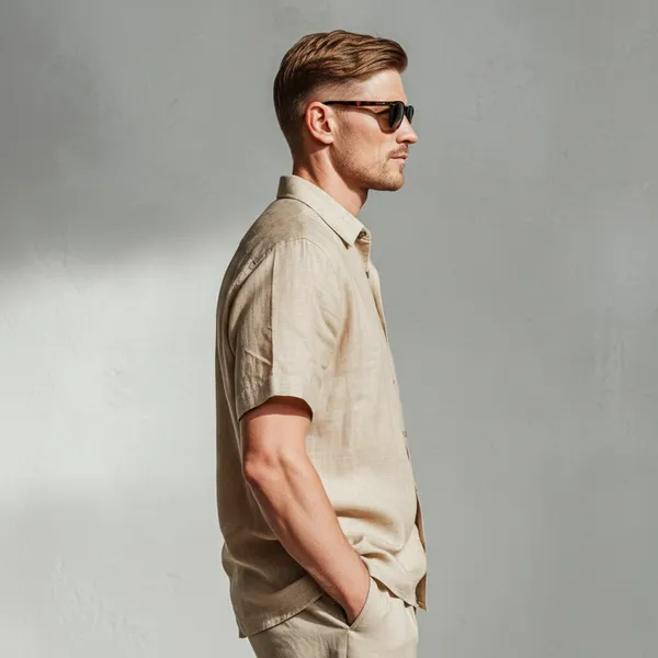 The_Classic_Light_Beige_Half-Sleeve_Linen_Shirt_Men