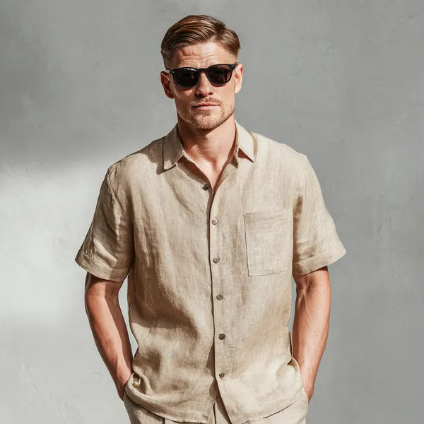 The_Classic_Light_Beige_Half-Sleeve_Linen_Shirt_Men