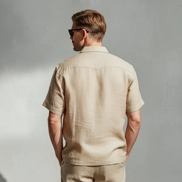 The_Classic_Light_Beige_Half-Sleeve_Linen_Shirt_Men