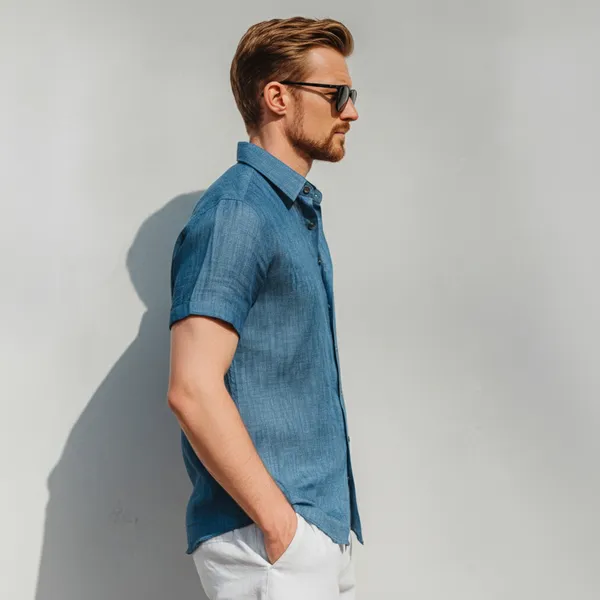 Medium_Blue_Half_Sleeve_Linen_Shirt_For_Men