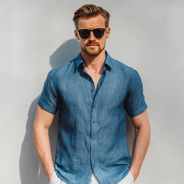 Medium_Blue_Half_Sleeve_Linen_Shirt_For_Men