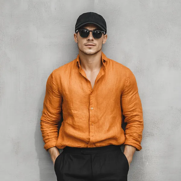 Signature_Ochre_Orange_Gray_100%_Pure_Linen_Shirt
