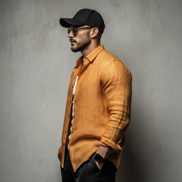Men'S_Burnt_Orange-Yellow_Pure_100%_Linen_Shirt