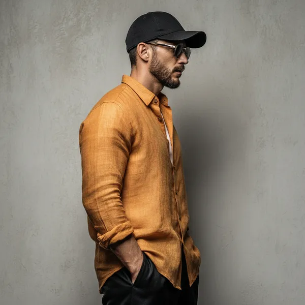 Men'S_Burnt_Orange-Yellow_Pure_100%_Linen_Shirt