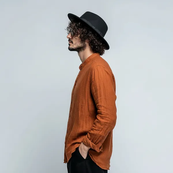 Men'S_Pumpkin_Brown_Pure_Linen_Mandarin_Collar_Shirt