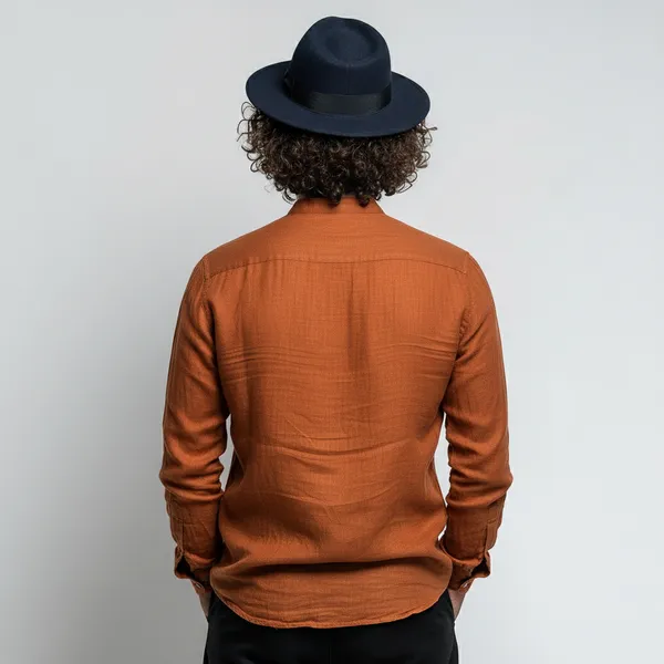 Men'S_Pumpkin_Brown_Pure_Linen_Mandarin_Collar_Shirt
