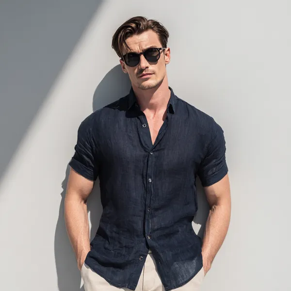 Deep_Navy_Blue_Half_Sleeve_Linen_Shirt_For_Men