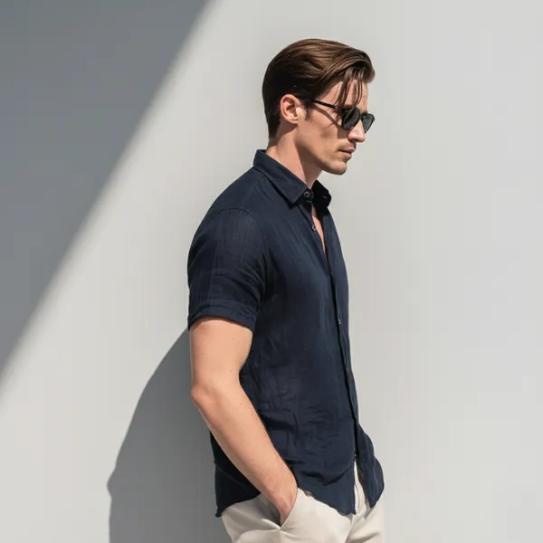 Deep_Navy_Blue_Half_Sleeve_Linen_Shirt_For_Men