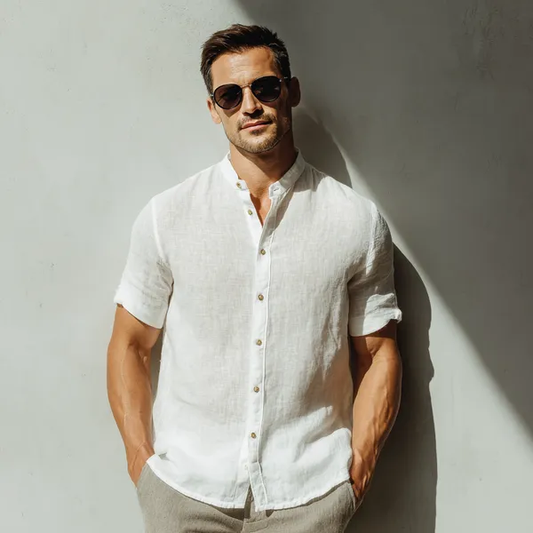 Men'S_Half_Sleeve_White_Linen_Shirt