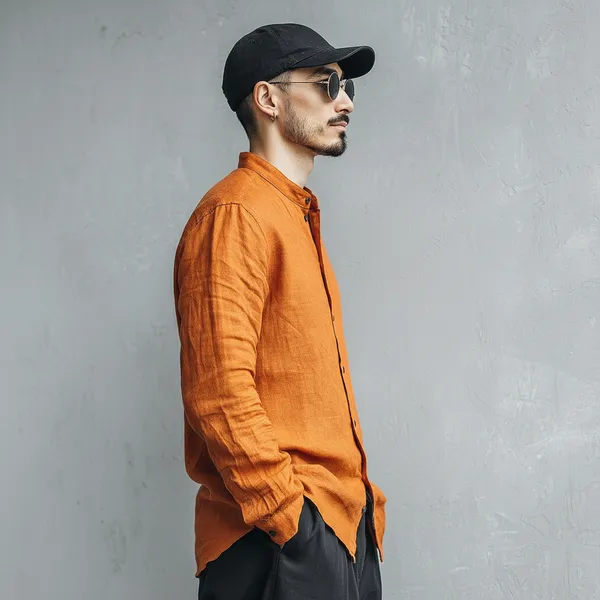 Men'S_Burnt_Orange_Pure_100%_Linen_Mandarin_Collar_Shirt