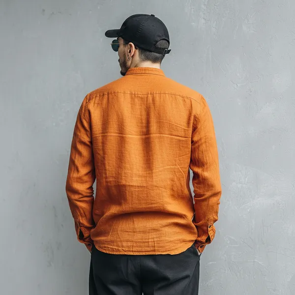 Men'S_Burnt_Orange_Pure_100%_Linen_Mandarin_Collar_Shirt