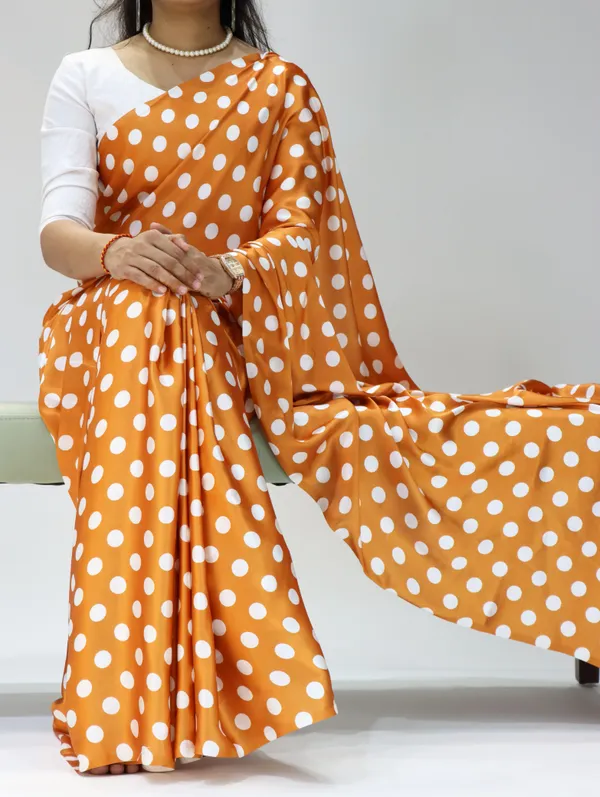 Mustard_Orange_with_White_Polka_Dots_|_Japan_Satin_Saree_With_Contrast_Plain_Blouse_-_Soft_Silky_Premium_Party_Wear_Saree