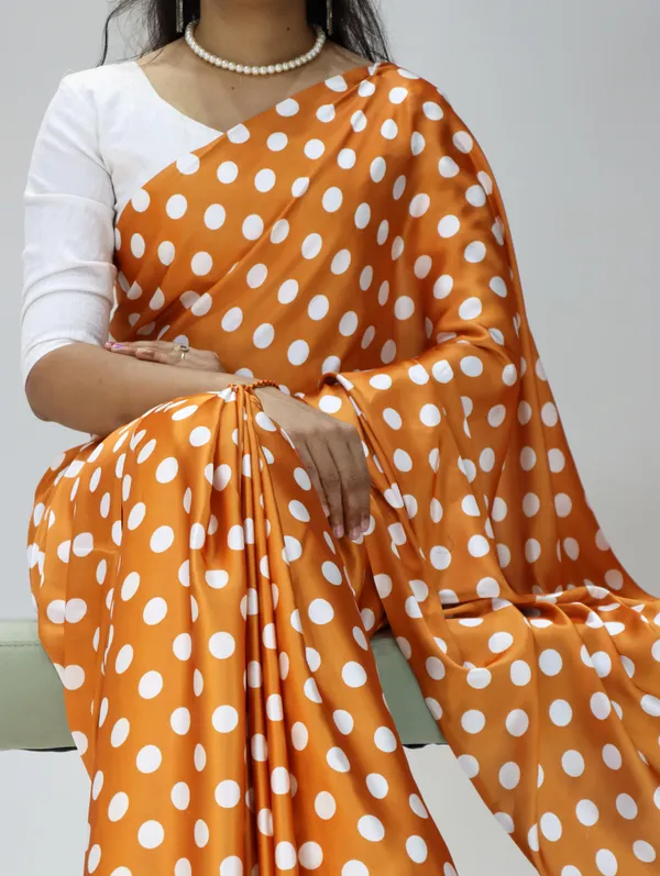 Mustard_Orange_with_White_Polka_Dots_|_Japan_Satin_Saree_With_Contrast_Plain_Blouse_-_Soft_Silky_Premium_Party_Wear_Saree
