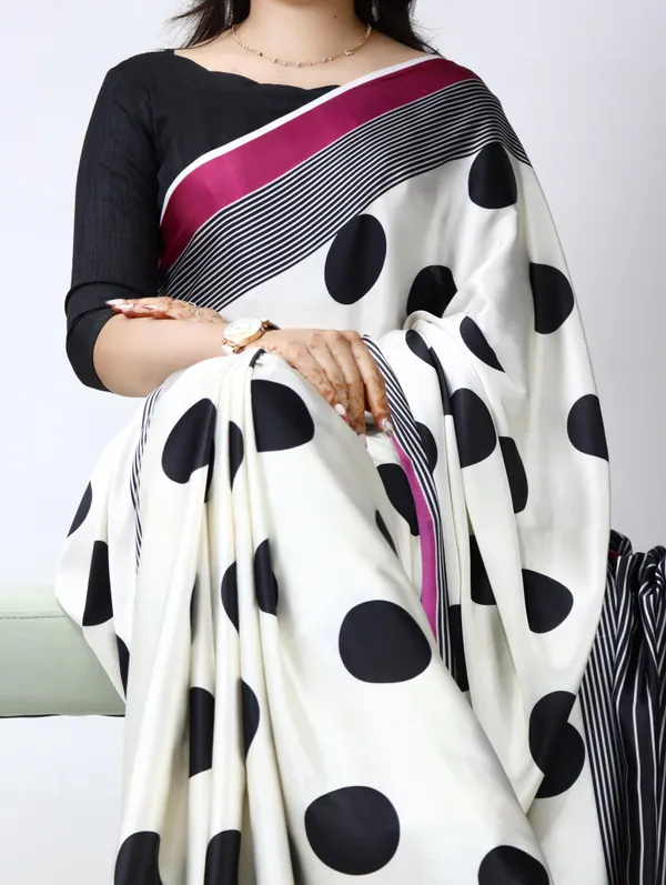 Magenta_Pink_Pearl_White_-_The_Dot_Affair_|_Japan_Satin_Polka_Dot_Striped_Print_Saree_with_Mono_Bangalore_Silk_Unstitched_Blouse