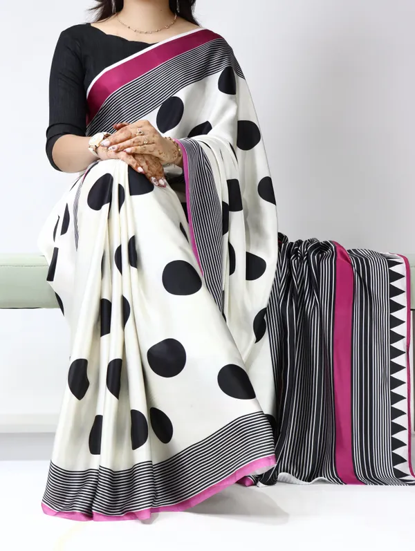 Magenta_Pink_Pearl_White_-_The_Dot_Affair_|_Japan_Satin_Polka_Dot_Striped_Print_Saree_with_Mono_Bangalore_Silk_Unstitched_Blouse