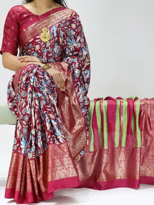 Royal_Maroon_-_The_Kalamkari_Royale_|_Soft_Dola_Silk_Kalamkari_Printed_Foil_Work_Saree_with_Contrast_Unstitched_Blouse