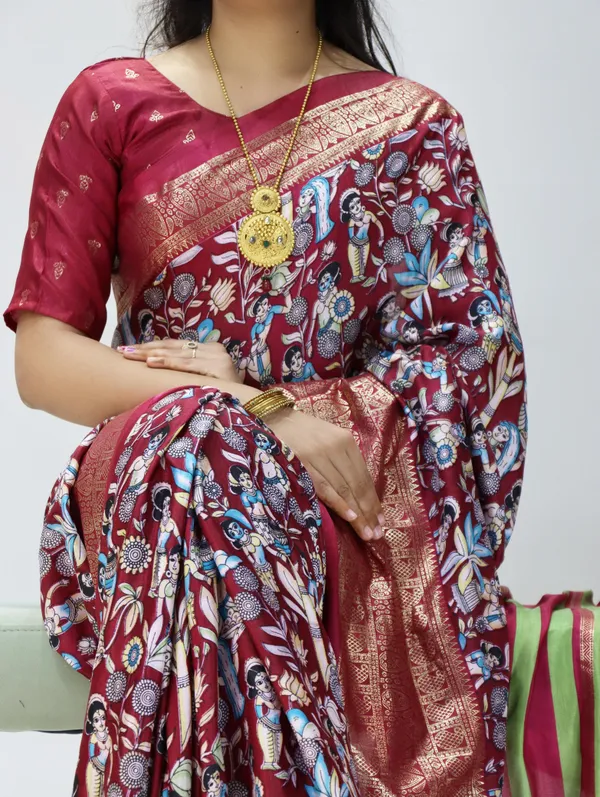 Royal_Maroon_-_The_Kalamkari_Royale_|_Soft_Dola_Silk_Kalamkari_Printed_Foil_Work_Saree_with_Contrast_Unstitched_Blouse