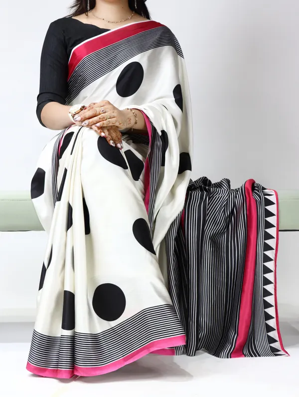 Hot_Pink_Pearl_White_-_The_Dot_Affair_|_Japan_Satin_Polka_Dot_Striped_Print_Saree_with_Mono_Bangalore_Silk_Unstitched_Blouse
