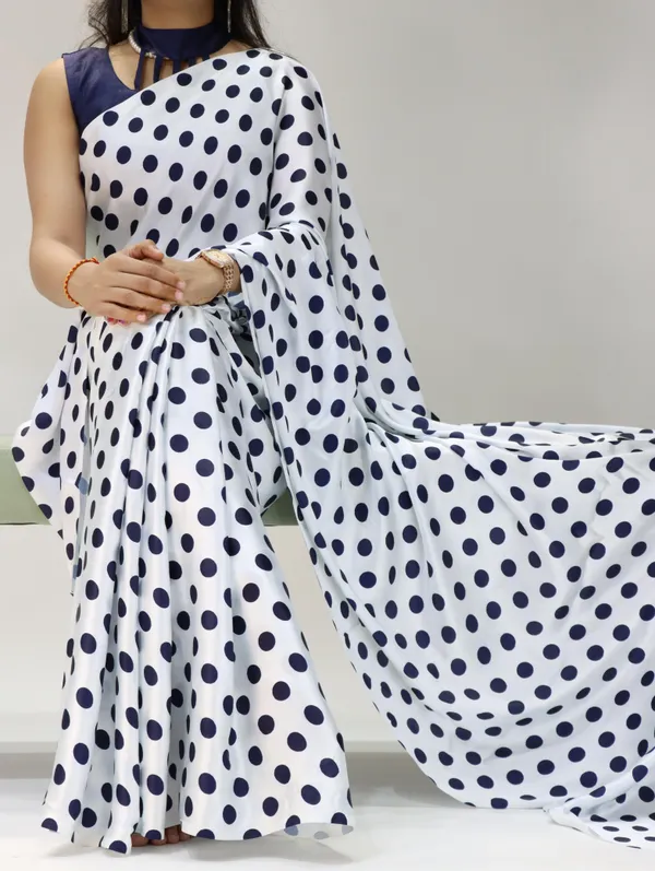 White_with_Navy_Blue_Polka_Dots_|_Japan_Satin_Saree_With_Contrast_Plain_Blouse_-_Soft_Silky_Premium_Party_Wear_Saree