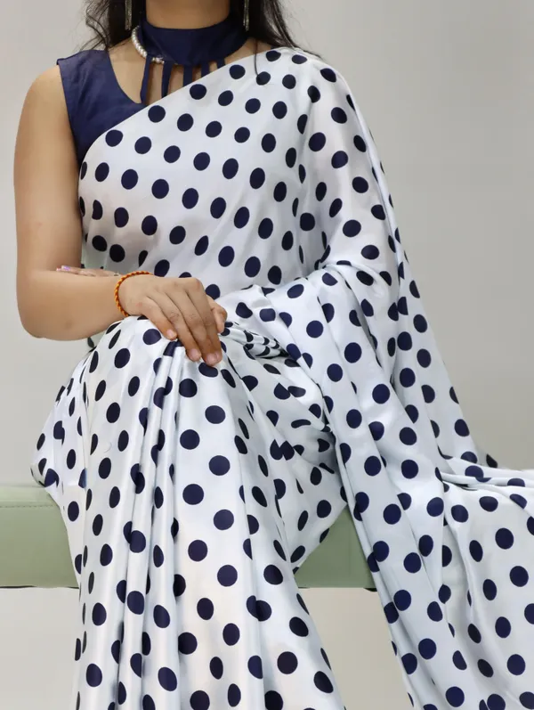 White_with_Navy_Blue_Polka_Dots_|_Japan_Satin_Saree_With_Contrast_Plain_Blouse_-_Soft_Silky_Premium_Party_Wear_Saree