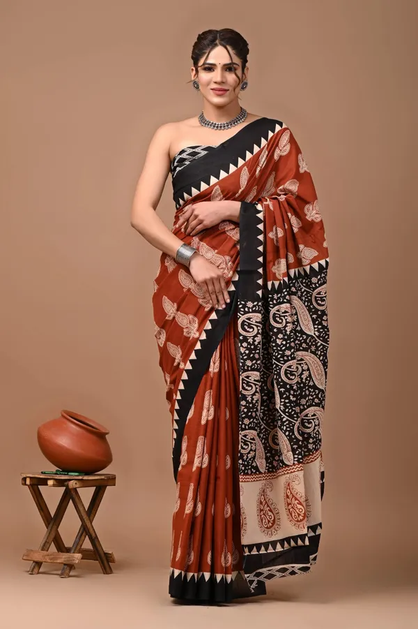 Terracotta_Brown_Soft_Mulmul_Cotton_Saree