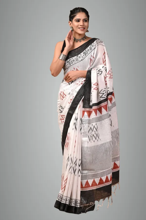 White_Trendy_Linen_Saree_For_Women