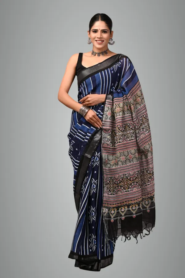 Blue_&_Black_Trendy_Linen_Saree_For_Women